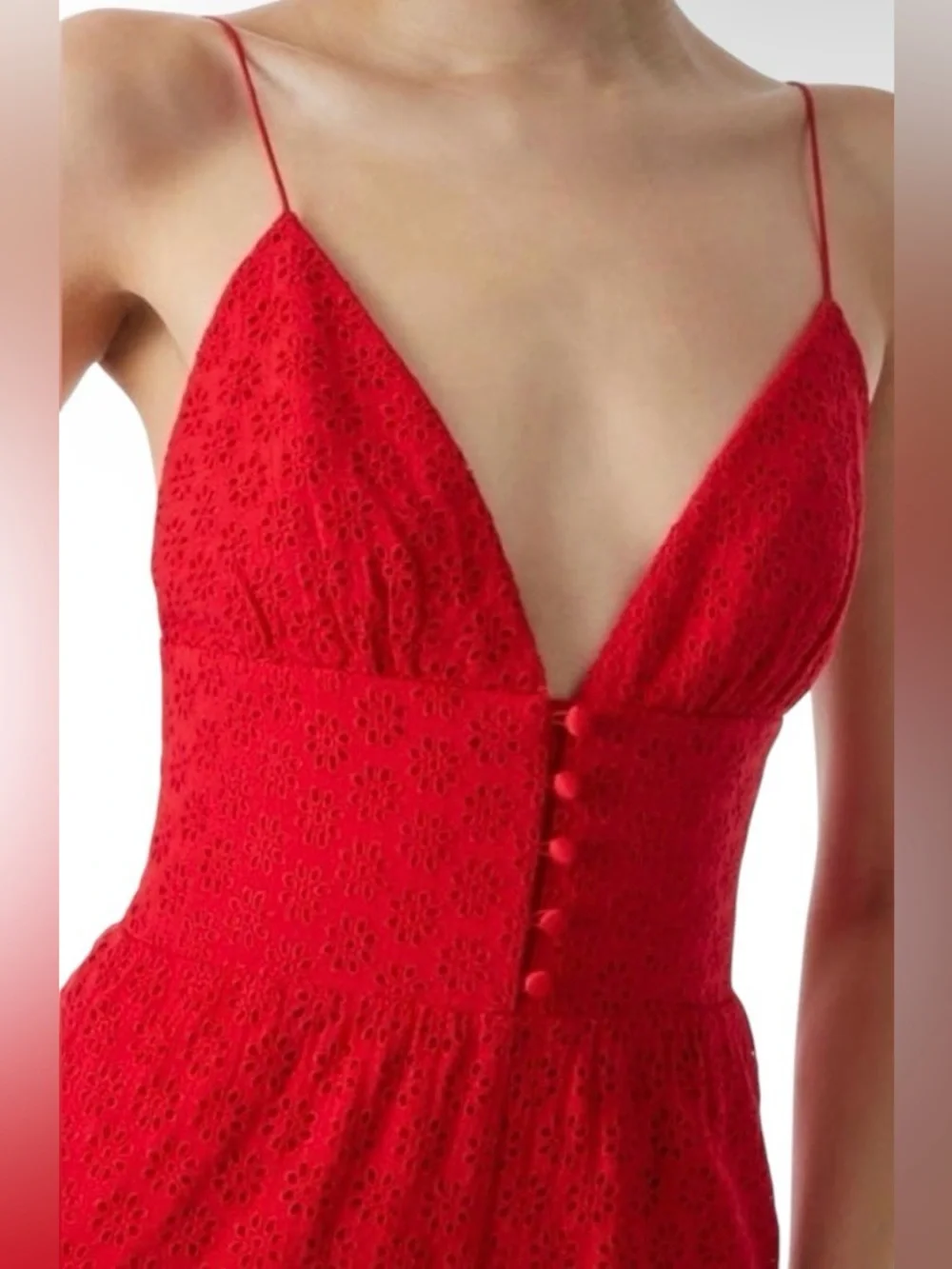 Alice + Olivia Women’s Red Eyelet Lace V-Neck Wide-Leg Jumpsuit 8